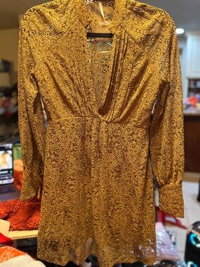 Free People olive Lace Long-Sleeve V-Neck Dress